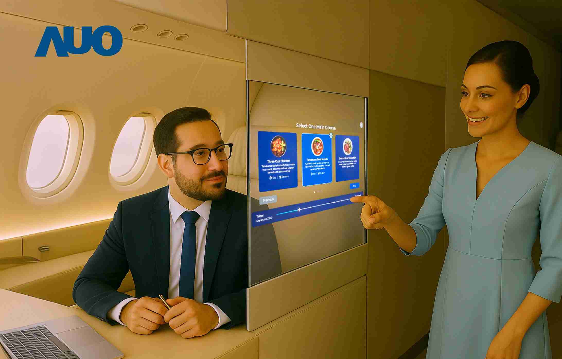 CG电子研发全球最薄17.3 吋双面透明 Micro LED 显示器，，，可在同一屏幕之双边投射不同信息，，创造独特的”透明化”互动；图为实时翻译交流应用情境